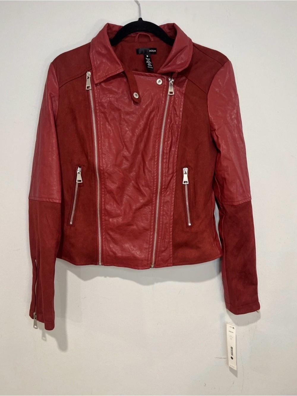 Aqua Two-Tone Red Faux Leather & Suede Moto Jacket NWT Size M
